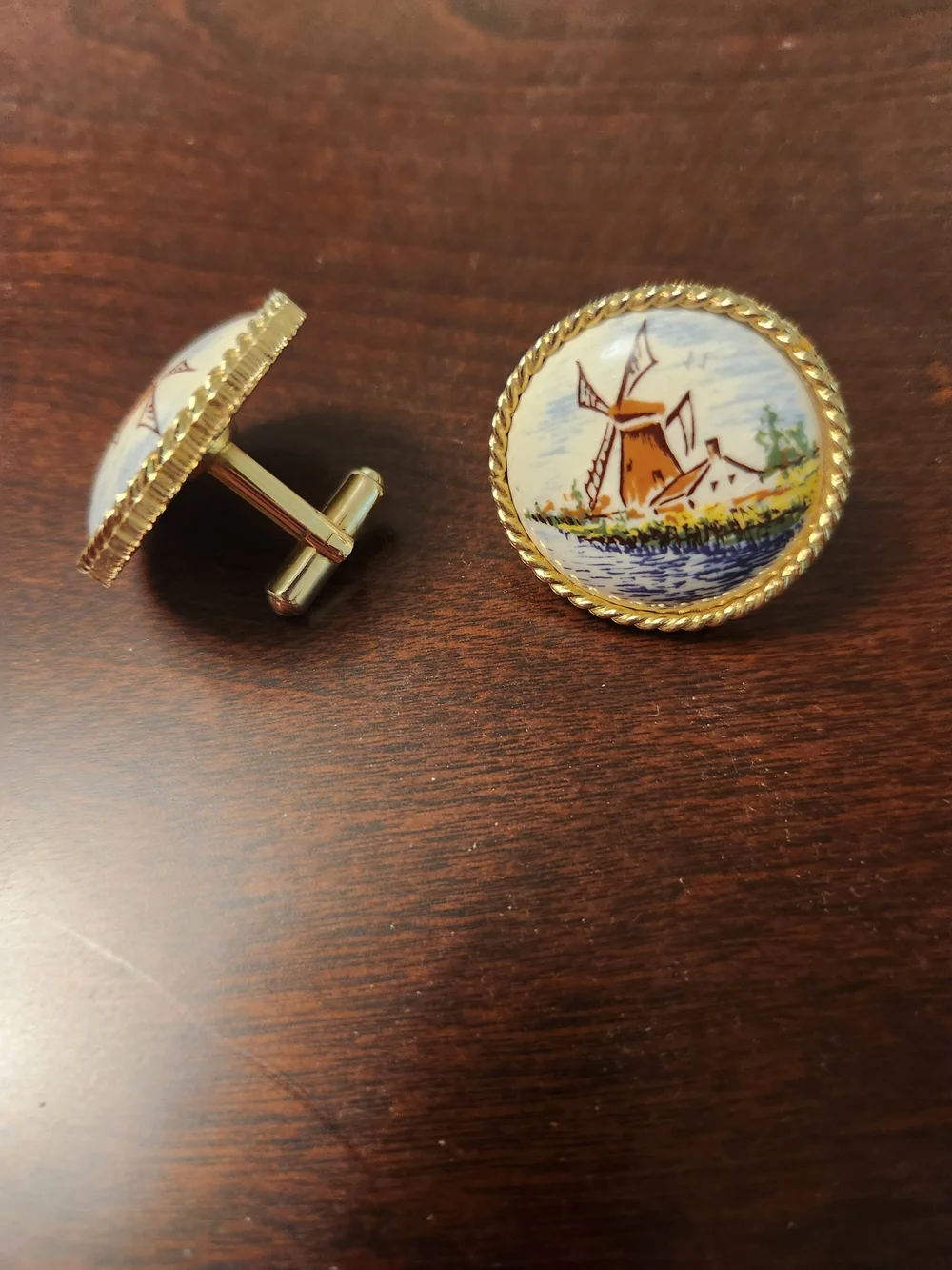 Vintage Windmill Scenic Round Cufflinms - Blue, Brown, White